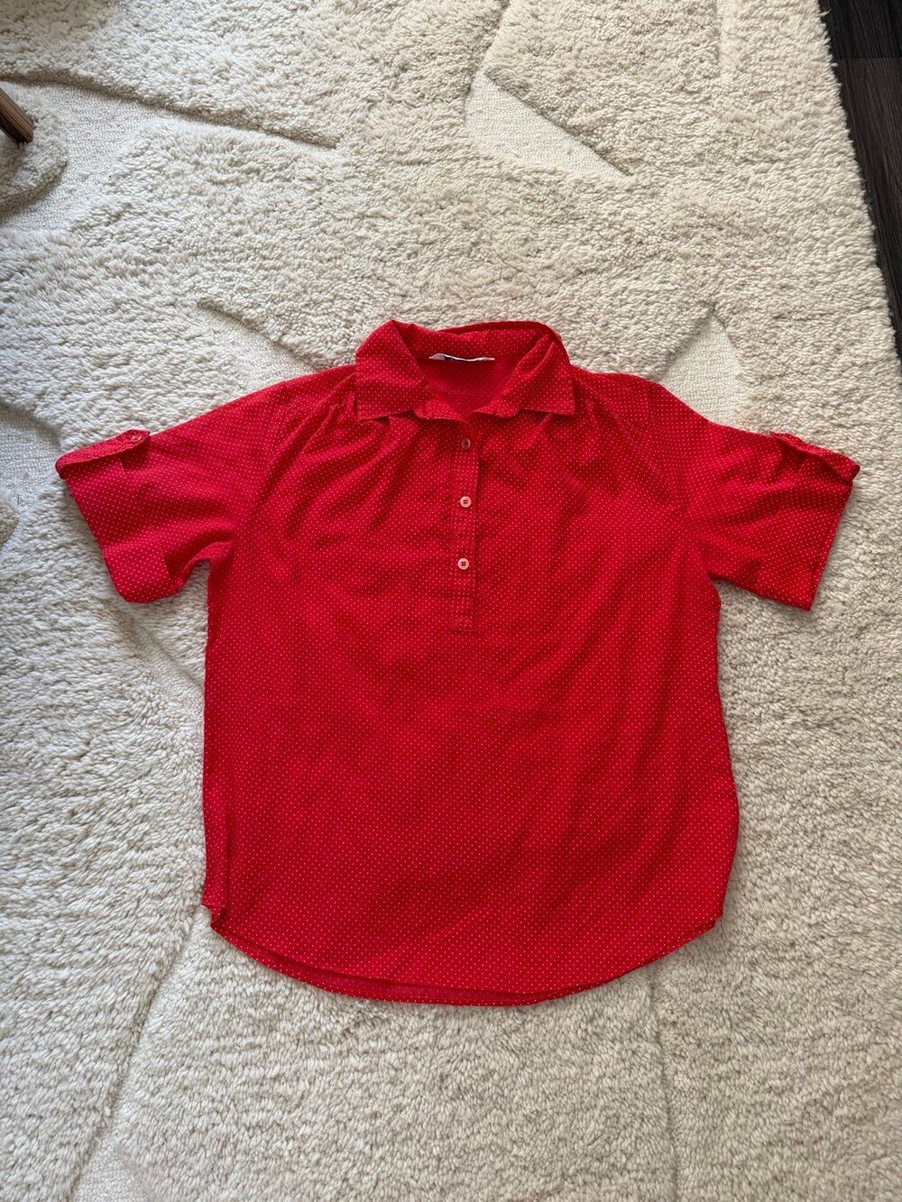 Vintage 70s Miss Fashionality Polka Dot Blouse Red White USA Made